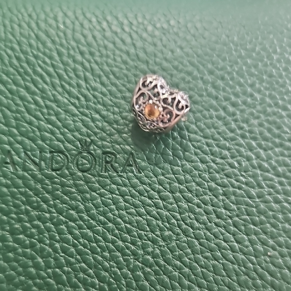 Pandora Silver Filigree Heart Charm with Yellow Stone .. November Birthstone